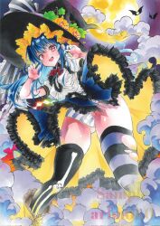 Rule 34 | 1girl, absurdres, arim0k0, artist name, asymmetrical legwear, bat (animal), black hat, blue hair, blue skirt, commentary, corrupted twitter file, feet out of frame, frilled skirt, frills, full moon, halloween, halloween costume, hat, highres, hinanawi tenshi, long hair, looking at viewer, mismatched legwear, moon, outdoors, red eyes, sample watermark, shirt, short sleeves, skirt, solo, thighhighs, touhou, traditional media, watermark, white shirt, witch hat