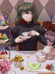 Rule 34 | 1girl, black dress, cake, cake slice, checkered wall, closed eyes, cup, cupcake, d.gray-man, dessert, dress, earrings, facing viewer, flower, food, fruit, green hair, h13480824183, hair between eyes, highres, holding, holding cup, holding saucer, jewelry, juliet sleeves, lenalee lee, long hair, long sleeves, on chair, pink flower, pink rose, puffy sleeves, red flower, red rose, rose, sandwich, saucer, sitting, smile, solo, spoon, strawberry, stud earrings, sweets, table, teacup, teapot, twintails