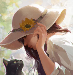 Rule 34 | 1girl, animal, anna lynn, artist name, brown hair, cat, chibi-oneechan, eye contact, flower, from side, hand on headwear, hat, highres, long hair, looking at another, looking down, looking up, original, profile, realistic, sun hat, yellow eyes