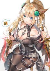 Rule 34 | 1girl, :o, animal ears, bare shoulders, black coat, black footwear, blonde hair, blue eyes, boots, breasts, brown thighhighs, cleavage, coat, collarbone, commentary request, criss-cross halter, dagger, dual wielding, facial mark, final fantasy, final fantasy xiv, flower, green eyes, green flower, hair flower, hair ornament, hair ribbon, halterneck, hand up, heterochromia, highres, holding, holding sword, holding weapon, knife, leg belt, long hair, long sleeves, looking at viewer, medium breasts, miqo&#039;te, momoko (momopoco), ninja (final fantasy), off shoulder, open mouth, pantyhose, ponytail, reverse grip, ribbon, rose, short sword, simple background, solo, speech bubble, sweatdrop, sword, tail, thigh boots, thighhighs, weapon, white background, white ribbon