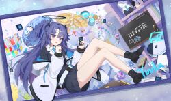 Rule 34 | 1girl, absurdres, black footwear, black skirt, black socks, black suit, blue archive, blue necktie, blush, bottle, collared shirt, commentary request, doodle sensei (blue archive), formal, full body, halo, heart, highres, holding, id card, jacket, legs, long hair, long sleeves, looking at viewer, math, mechanical halo, miniskirt, necktie, off shoulder, open clothes, open jacket, open mouth, partial commentary, purple eyes, purple hair, ruler, sensei (blue archive), shirt, skirt, smile, socks, solo, suit, trigonometric function, two-sided fabric, two-sided jacket, two side up, white jacket, white shirt, yuuka (blue archive)