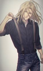 Rule 34 | 1boy, arm at side, black shirt, blonde hair, blue pants, buttons, closed mouth, collared shirt, commentary, denim, dress shirt, floating hair, grey background, grey eyes, hair between eyes, hand up, head tilt, jeans, long hair, looking to the side, male focus, mashima shima, mitsugi (paradise), pants, paradise (visual novel), serious, shirt, shirt tucked in, simple background, sleeves rolled up, solo, standing, suspenders, suspenders pull, undershirt, white shirt