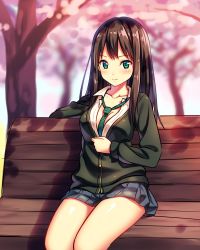 Rule 34 | 1girl, bench, black hair, blue eyes, blue skirt, blush, breasts, buttons, cardigan, cherry blossoms, cleavage, closed mouth, collarbone, collared shirt, commentary request, cowboy shot, day, eyebrows, highres, idolmaster, idolmaster cinderella girls, kuso miso technique, long hair, long sleeves, looking at viewer, medium breasts, nazu-na, necktie, outdoors, parody, pleated skirt, school uniform, shibuya rin, shirt, sidelocks, sitting, skirt, smile, solo, tree, white shirt, yaranaika