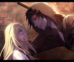 Rule 34 | 1boy, 1girl, bandage on face, bandages, black hair, blonde hair, blood, blood on face, blue eyes, brown jacket, choker, eye contact, fang, fang out, floating hair, from side, grin, hair between eyes, highres, hood, hood up, hooded jacket, isaac foster, jacket, letterboxed, light particles, long hair, long sleeves, looking at another, mikko (mim mikko), open clothes, open jacket, profile, rachel gardner, red eyes, satsuriku no tenshi, smile, white jacket