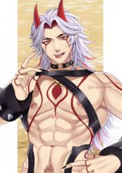 Rule 34 | 1boy, abs, arataki itto, artist name, bare chest, choker, genshin impact, highres, horns, looking at viewer, male focus, muscular, muscular male, navel, nipples, o-ring, o-ring choker, oni, oni horns, open mouth, red horns, riikochan, solo, spiked choker, spikes, teeth, tongue, tongue out, twitter username, upper body, watermark, white hair