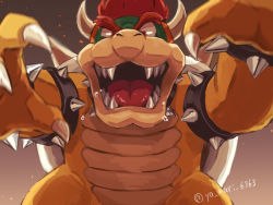 Rule 34 | 1boy, angry, armlet, artist name, bowser, bracelet, claws, collar, horns, jewelry, looking at viewer, male focus, mario (series), monster boy, nintendo, no humans, open mouth, red eyes, red hair, saliva, sharp teeth, shell, solo, spiked armlet, spiked bracelet, spiked collar, spiked shell, spikes, standing, super mario bros. 1, teeth, thick eyebrows, tongue, ya mari 6363