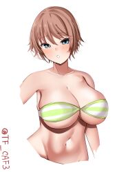 Rule 34 | 1girl, alternate costume, armpits, bare shoulders, bikini, blue eyes, blush, breasts, brown hair, cleavage, commentary request, green bikini, groin, hair between eyes, hiei (kancolle), highres, kantai collection, large breasts, looking at viewer, navel, no headgear, parted lips, simple background, solo, strapless, strapless bikini, striped bikini, striped clothes, swimsuit, tf cafe, twitter username, upper body, white background