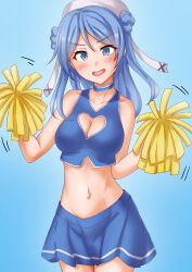 Rule 34 | 1girl, anti (untea9), armpits, bare shoulders, beret, blue background, blue eyes, blue hair, blue shirt, blue skirt, blush, breasts, cheerleader, cleavage, cleavage cutout, clothing cutout, cowboy shot, crop top, double bun, gradient background, hair bun, hat, highres, holding, holding pom poms, kantai collection, looking at viewer, medium breasts, medium hair, midriff, miniskirt, navel, open mouth, pleated skirt, pom pom (cheerleading), pom poms, sailor hat, shirt, skirt, smile, solo, urakaze (kancolle)