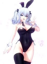 Rule 34 | 1girl, animal ears, bare shoulders, black leotard, black thighhighs, blue eyes, blush, breasts, detached collar, fake animal ears, gr sword, grey hair, highres, kantai collection, kashima (kancolle), large breasts, leotard, long hair, looking at viewer, open mouth, playboy bunny, rabbit ears, smile, solo, strapless, strapless leotard, thighhighs, twintails, v, wavy hair, white background