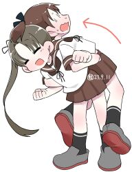 Rule 34 | 2girls, arrow (symbol), ayanami (kancolle), back-to-back, black socks, brown neckerchief, brown sailor collar, brown skirt, closed eyes, dated, grey footwear, kantai collection, lifting person, long hair, multiple girls, neckerchief, pleated skirt, ponytail, sailor collar, shikinami (kancolle), short hair, side ponytail, simple background, skirt, socks, tsubutarou, white background