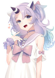 Rule 34 | 1other, absurdres, akagi kurage, animal ears, aqua hair, blue eyes, blush, character request, choker, gradient hair, highres, horns, looking at viewer, male focus, multicolored hair, open mouth, original, purple hair, sailor collar, simple background, single horn, smile, solo, white background