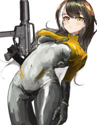 Rule 34 | 1girl, absurdres, black hair, blush, bodysuit, breasts, closed mouth, colt 9mm smg, commentary request, cowboy shot, expressionless, girls&#039; frontline, gun, heterochromia, highres, holding, holding gun, holding weapon, long hair, looking at viewer, multicolored hair, red eyes, ro635 (girls&#039; frontline), simple background, skin tight, solo, streaked hair, submachine gun, user sxgp3545, weapon, white background, white hair, yellow eyes