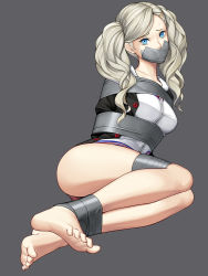 Rule 34 | 10s, 1girl, arms behind back, barefoot, bdsm, blue eyes, bondage, bound, bound arms, duct tape, feet, gag, gbeeee, improvised gag, long hair, looking at viewer, persona, persona 5, school uniform, shuujin academy school uniform, solo, sweat, takamaki anne, tape, tape bondage, tape gag, twintails