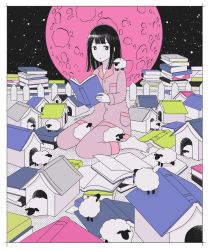 Rule 34 | 1girl, barefoot, black hair, book, bright pupils, buttons, commentary request, counting sheep, doghouse, fence, full body, full moon, highres, holding, holding book, long sleeves, moon, open book, original, outdoors, pajamas, paper, parted lips, pile of books, pink pajamas, pocket, red eyes, satou odori, sheep, short hair, sky, solo, star (sky), starry sky, white pupils