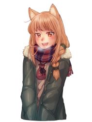 Rule 34 | 1girl, absurdres, animal ear fluff, animal ears, braid, brown hair, commentary, commission, english commentary, fur-trimmed jacket, fur trim, hands in pockets, highres, holo, ivlice, jacket, long hair, looking at viewer, open mouth, pouch, red eyes, scarf, solo, spice and wolf, transparent background, wolf ears, wolf girl