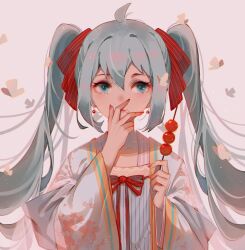 Rule 34 | 1girl, absurdres, ahoge, aqua eyes, aqua hair, bow, bug, butterfly, chinese clothes, covering own mouth, food, hair bow, hand over own mouth, hands up, hanfu, hatsune miku, highres, holding, holding food, insect, long hair, looking to the side, neck ribbon, pink background, red bow, red nails, red ribbon, ribbon, tanghulu, twintails, upper body, very long hair, vocaloid, wide sleeves, yi er san