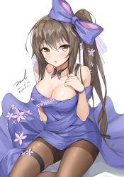Rule 34 | 1girl, :o, bare shoulders, black bow, black bowtie, bow, bowtie, breasts, brown eyes, brown hair, brown pantyhose, cleavage, collarbone, dated, dress, flower, girls&#039; frontline, hair bow, hand up, highres, k2 (before dawn) (girls&#039; frontline), k2 (girls&#039; frontline), large breasts, long hair, looking at viewer, official alternate costume, panties, pantyhose, pantyshot, parted lips, purple bow, purple dress, side ponytail, sidelocks, signature, simple background, sitting, solo, thigh strap, thighband pantyhose, twitter username, underwear, unel, very long hair, white background, white flower