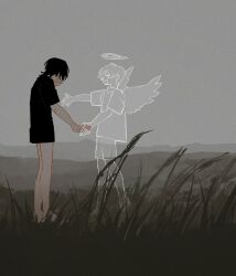 Rule 34 | 2boys, angel, barefoot, black hair, black shirt, bottomless, day, facing down, field, from side, full body, grass, halo, hand on own face, highres, holding hands, looking at another, medium hair, multiple boys, original, outdoors, outstretched arm, overcast, profile, reaching, shirt, short sleeves, shorts, silhouette, sky, tall grass, uzuki uzu, wings