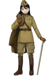 Rule 34 | 1girl, absurdres, anyan (jooho), belt, black hair, blue eyes, boots, brown footwear, brown gloves, brown hat, brown jacket, brown pants, cane, full body, garrison cap, gloves, hat, high collar, highres, holding, holding clothes, jacket, long hair, military, military uniform, original, pants, simple background, smile, solo, standing, teeth, uniform, white background, world war i