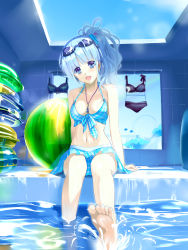 Rule 34 | 1girl, absurdres, bare arms, bare shoulders, barefoot, between breasts, bikini, blue eyes, blue hair, breasts, cleavage, feet, highres, innertube, jewelry, kyaro (kyaro54), long hair, looking at viewer, matching hair/eyes, medium breasts, nail polish, necklace, open mouth, original, sitting, smile, soles, solo, swim ring, swimsuit, toes, water
