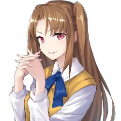Rule 34 | 1girl, :d, apo (apos2721), blue ribbon, brown hair, fingernails, long hair, long sleeves, looking at viewer, neck ribbon, open mouth, red eyes, ribbon, school uniform, sharp fingernails, shirt, simple background, smile, solo, tsukihime, twintails, two side up, upper body, vampire, very long hair, vest, white background, white shirt, yellow vest, yumizuka satsuki