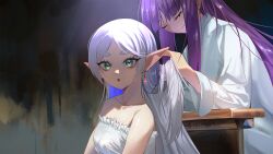 Rule 34 | absurdres, bare shoulders, breasts, cleavage, closed eyes, dress, drop earrings, earrings, fern (sousou no frieren), frieren, green eyes, han korehatsu, highres, holding another&#039;s hair, jewelry, long hair, looking at viewer, multiple girls, open mouth, parted bangs, pointy ears, purple hair, small breasts, sousou no frieren, white dress, white hair