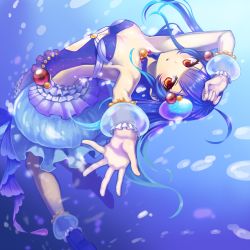 Rule 34 | 1girl, ahoge, bare shoulders, blue hair, breasts, cleavage, dress, highres, konya (chocolate palette), leaning back, long hair, looking at viewer, looking back, noa (shironeko project), red eyes, shironeko project, solo, two side up, underwater, wrist cuffs
