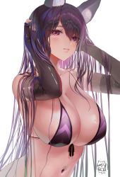 Rule 34 | 1girl, absurdres, animal ear fluff, animal ears, annie (destiny child), armpits, arms up, bare shoulders, bikini, black gloves, breasts, cleavage, collarbone, destiny child, elbow gloves, fingerless gloves, fox ears, front-tie bikini top, front-tie top, gloves, highres, large breasts, latex, latex gloves, long hair, looking at viewer, myabit, navel, parted lips, purple bikini, purple hair, red eyes, simple background, solo, stomach, string bikini, swimsuit, upper body, white background