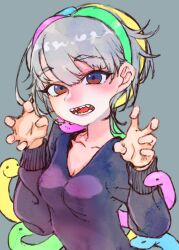 Rule 34 | 1girl, blue eyes, claw pose, commentary request, grey background, grey hair, hands up, highres, long hair, long sleeves, looking at viewer, multicolored eyes, multicolored hair, open mouth, original, oyomotin, purple sweater, red eyes, sharp teeth, simple background, snake hair, solo, streaked hair, sweater, teeth, upper body, very long hair