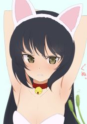 Rule 34 | 10s, 1girl, animal ears, armpits, bell, black hair, blush, breasts, brown eyes, cat ears, cleavage, collar, collarbone, denkaisui, girls und panzer, neck bell, reizei mako, small breasts, solo, tickling, tickling armpits