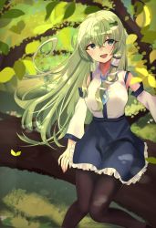Rule 34 | 1girl, bare shoulders, black pantyhose, blue eyes, blue necktie, blue skirt, breasts, collared vest, commentary request, detached sleeves, frilled skirt, frills, frog, frog hair ornament, green hair, hair ornament, hair tubes, happy, highres, kochiya sanae, long hair, long sleeves, medium breasts, mugicha tea02, necktie, nontraditional miko, open mouth, outdoors, pantyhose, sidelocks, skirt, snake, snake hair ornament, solo, touhou, tree, very long hair, vest, white sleeves, white vest, wide sleeves