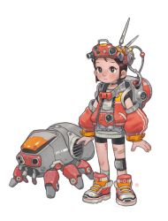 Rule 34 | 1girl, absurdres, ankle wrap, arms at sides, bandaid, bandaid on leg, bike shorts, black hair, blunt ends, child, choker, closed mouth, detached sleeves, female focus, full body, headgear, highres, knee pads, leg tattoo, opossumachine, original, puffy sleeves, red pupils, robot, science fiction, shoes, short hair, simple background, single knee pad, sneakers, solo, standing, tattoo, white background, wire