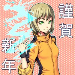 Rule 34 | 10s, 1girl, blonde hair, bruce lee&#039;s jumpsuit, electricity, green eyes, highres, huang baoling, new year, short hair, sleeves rolled up, solo, suzuki (pixiv1277943), tiger &amp; bunny, wristband