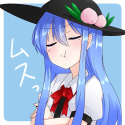 Rule 34 | 1girl, :t, blouse, blue hair, bow, bowtie, crossed arms, closed eyes, food, fruit, hat, hinanawi tenshi, kameyan, long hair, peach, pout, shirt, solo, touhou, upper body