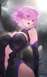 Rule 34 | 1girl, a2ki, black gloves, black leotard, breasts, cleavage, cleavage cutout, clothing cutout, cloud, cloudy sky, collar, elbow gloves, eyes visible through hair, fate/grand order, fate (series), gloves, hair over one eye, highleg, highleg leotard, highres, large breasts, leotard, light purple hair, lightning, looking at viewer, mash kyrielight, metal collar, navel, navel cutout, open mouth, purple eyes, rain, shield, short hair, sky, solo, storm, wet