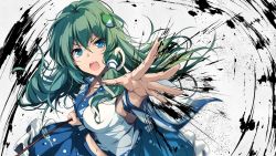 Rule 34 | 1girl, album cover, blue eyes, blue skirt, breasts, cover, d:, detached sleeves, floating hair, foreshortening, frog hair ornament, green hair, hair ornament, hair tubes, hand up, highres, hirai yuzuki, holding, kochiya sanae, long hair, looking at viewer, navel, nontraditional miko, open mouth, outstretched arm, outstretched hand, serious, shirt, skirt, snake hair ornament, solo, touhou, upper body, v-shaped eyebrows, white shirt