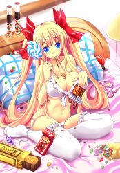 Rule 34 | 1girl, bad id, bad pixiv id, bare shoulders, bed, blonde hair, bow, bra, breasts, candy, cleavage, eating, food, hair bow, highres, jelly bean, large breasts, lingerie, lollipop, long hair, looking at viewer, mouth hold, navel, original, panties, pillow, pocky, side-tie panties, sitting, smile, solo, thighhighs, twintails, underwear, underwear only, undone, undone bra, very long hair, white bra, white panties, white thighhighs, x.x