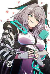 Rule 34 | 1girl, :d, absurdres, arknights, blush, breasts, commentary, fingerless gloves, gloves, green eyes, green nails, grey gloves, grey hair, head wings, heart, highres, ho&#039;olheyak (arknights), jacket, long sleeves, looking at viewer, medium breasts, medium hair, nail polish, open clothes, open jacket, open mouth, own hands together, samacho, shirt, simple background, smile, solo, steepled fingers, upper body, white background, white shirt, wings