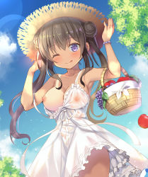 Rule 34 | armpits, black hair, blush, breasts, cleavage, cloud, double bun, dress, fruit basket, hat, holding, holding clothes, holding hat, large breasts, looking at viewer, mori airi, nipples, one breast out, one eye closed, original, outdoors, purple eyes, see-through, sky, solo, sun hat, tan, tree, twintails, white dress