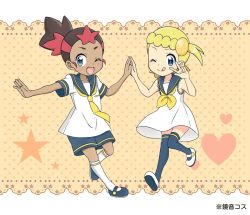 Rule 34 | 2girls, alternate costume, arm up, blonde hair, blue footwear, blue legwear, blue sailor collar, blue shorts, blush, bonnie (pokemon), brown hair, child, closed mouth, collarbone, creatures (company), dark-skinned female, dark skin, dress, female focus, flat chest, full body, game freak, green background, hair ornament, hand up, hands up, happy, heart, holding hands, japanese text, kneehighs, kouzuki (reshika213), licking lips, light blush, looking at viewer, looking to the side, mimo (pokemon), multicolored hair, multiple girls, neckerchief, necktie, nintendo, one eye closed, open mouth, orange background, outstretched arm, pokemon, pokemon (anime), pokemon sm (anime), pokemon xy (anime), ponytail, red hair, sailor collar, school uniform, shirt, shoes, short sleeves, shorts, side ponytail, simple background, sleeveless, sleeveless dress, smile, socks, standing, standing on one leg, star (symbol), thighhighs, tongue, tongue out, translation request, two-tone hair, v, white dress, white footwear, white legwear, white shirt, wink, yellow neckwear, zettai ryouiki