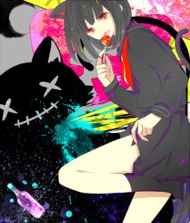 Rule 34 | 1girl, animal, animal ears, animal hands, bad id, bad pixiv id, black hair, black serafuku, black skirt, blunt bangs, blush, brown eyes, candy, cat, cat ears, cat girl, cat tail, caution tape, chat noir (module), commentary request, envy cat walk (vocaloid), food, gloves, hatsune miku, holding, keep out, lollipop, long hair, looking at viewer, lying, on side, paw gloves, pleated skirt, prin dog, project diva (series), school uniform, serafuku, single glove, skirt, solo, tail, tongue, tongue out, vocaloid