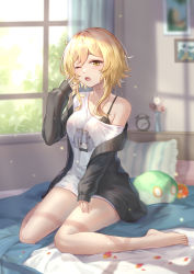 Rule 34 | 1girl, absurdres, bare legs, bare shoulders, barefoot, black jacket, blonde hair, bra strap, breasts, commentary request, curtains, feet, genshin impact, hand up, highres, indoors, jacket, long sleeves, lumine (genshin impact), medium breasts, no pants, off-shoulder shirt, off shoulder, open mouth, paimon (genshin impact), petals, revision, shirt, short hair with long locks, sitting, solo, t-shirt, thighs, toes, wariza, white shirt, window, yelan xing xuan, yellow eyes