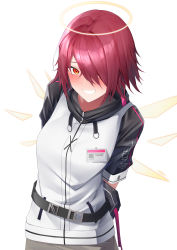 Rule 34 | 1girl, absurdres, arknights, arms behind back, blush, breasts, brown wings, commentary request, detached wings, exusiai (arknights), eyebrows hidden by hair, glowing, glowing wings, grin, hair over one eye, halo, highres, jacket, looking at viewer, r oot, red eyes, red hair, short sleeves, simple background, small breasts, smile, solo, upper body, white background, white jacket, wings