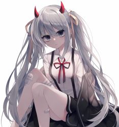 Rule 34 | 1girl, bandaged leg, bandages, bandaid, bandaid on leg, black jacket, black skirt, blue eyes, breasts, brown ribbon, character request, closed mouth, collared shirt, demon horns, dress shirt, feet out of frame, g ieep, grey hair, hair between eyes, hair ribbon, highres, horns, jacket, knees up, long hair, looking at viewer, maplestory, neck ribbon, off shoulder, open clothes, open jacket, pleated skirt, red ribbon, ribbon, shirt, simple background, skirt, small breasts, solo, suspender skirt, suspenders, twintails, very long hair, white background, white shirt