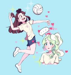 Rule 34 | 2girls, alternate costume, alternate hairstyle, bad id, bad twitter id, ball, blue background, blue eyes, blush, brown hair, couple, diana cavendish, happy, heart, highres, kagari atsuko, legs, little witch academia, long hair, looking at another, multicolored hair, multiple girls, open mouth, playing sports, ponytail, red eyes, scream lwa, shoes, shorts, simple background, smile, sneakers, sportswear, thighs, two-tone hair, volleyball, volleyball (object), volleyball uniform, yuri
