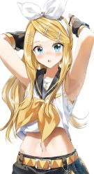 Rule 34 | 1girl, :o, alternate hair length, alternate hairstyle, aqua eyes, armpits, arms up, belt, blonde hair, blush, commentary, hair ornament, hairband, hairclip, highres, kagamine rin, long hair, looking at viewer, midriff, open mouth, pentagon (railgun ky1206), shirt, simple background, skirt, sleeveless, sleeveless shirt, solo, upper body, vocaloid, white background, white hairband