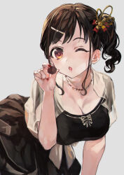 Rule 34 | 1girl, ;o, black dress, blush, breasts, brown hair, chocolate, cleavage, dress, fingernails, food, highres, holding, holding chocolate, holding food, idolmaster, idolmaster shiny colors, large breasts, leaning forward, looking at viewer, nail polish, one eye closed, otsudou, see-through capelet, side ponytail, simple background, solo, sonoda chiyoko, wavy hair, white background