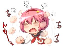 Rule 34 | &gt; &lt;, 1girl, angry, blush, chibi, clenched hands, closed eyes, female focus, fume, hairband, highres, komeiji satori, okina ika, open mouth, pink hair, short hair, solo, steam, third eye, touhou