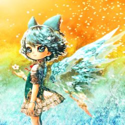 Rule 34 | 1girl, bad id, bad pixiv id, blue eyes, blue hair, bow, cirno, embellished costume, embodiment of scarlet devil, hair bow, ice, ice wings, matching hair/eyes, short hair, solo, souri, touhou, wings