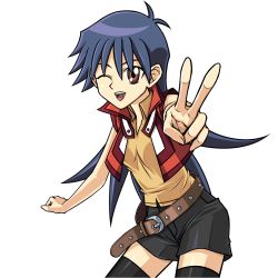 Rule 34 | 1girl, belt, black thighhighs, blue hair, breasts, brown eyes, hair between eyes, jacket, official art, one eye closed, open clothes, open jacket, open mouth, saotome rei, shorts, smile, thighhighs, wink, yu-gi-oh!, yu-gi-oh! gx